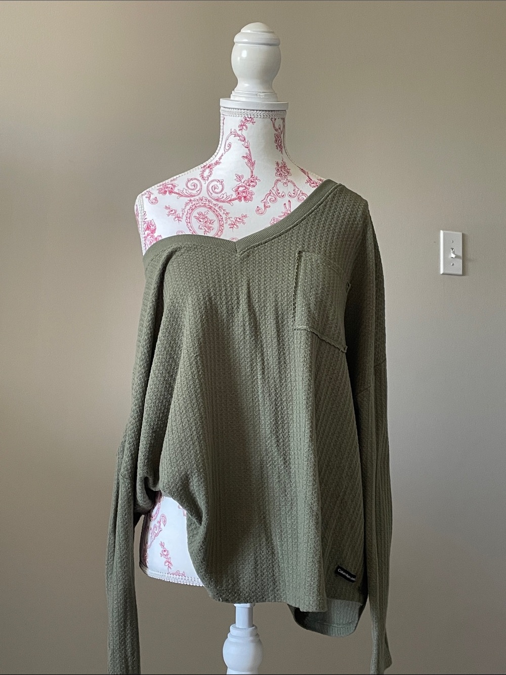Calvin Klein Jeans Olive Waffle-Knit Off the Shoulder Sweater